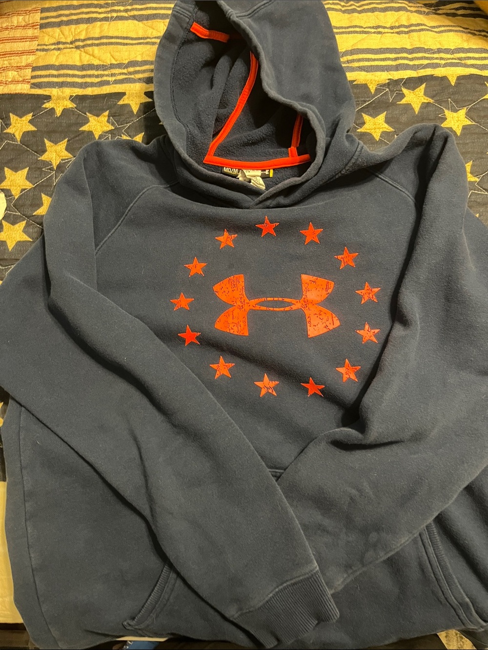 Under Armour Men's Navy Hoodie with Orange Logo and Star Ring